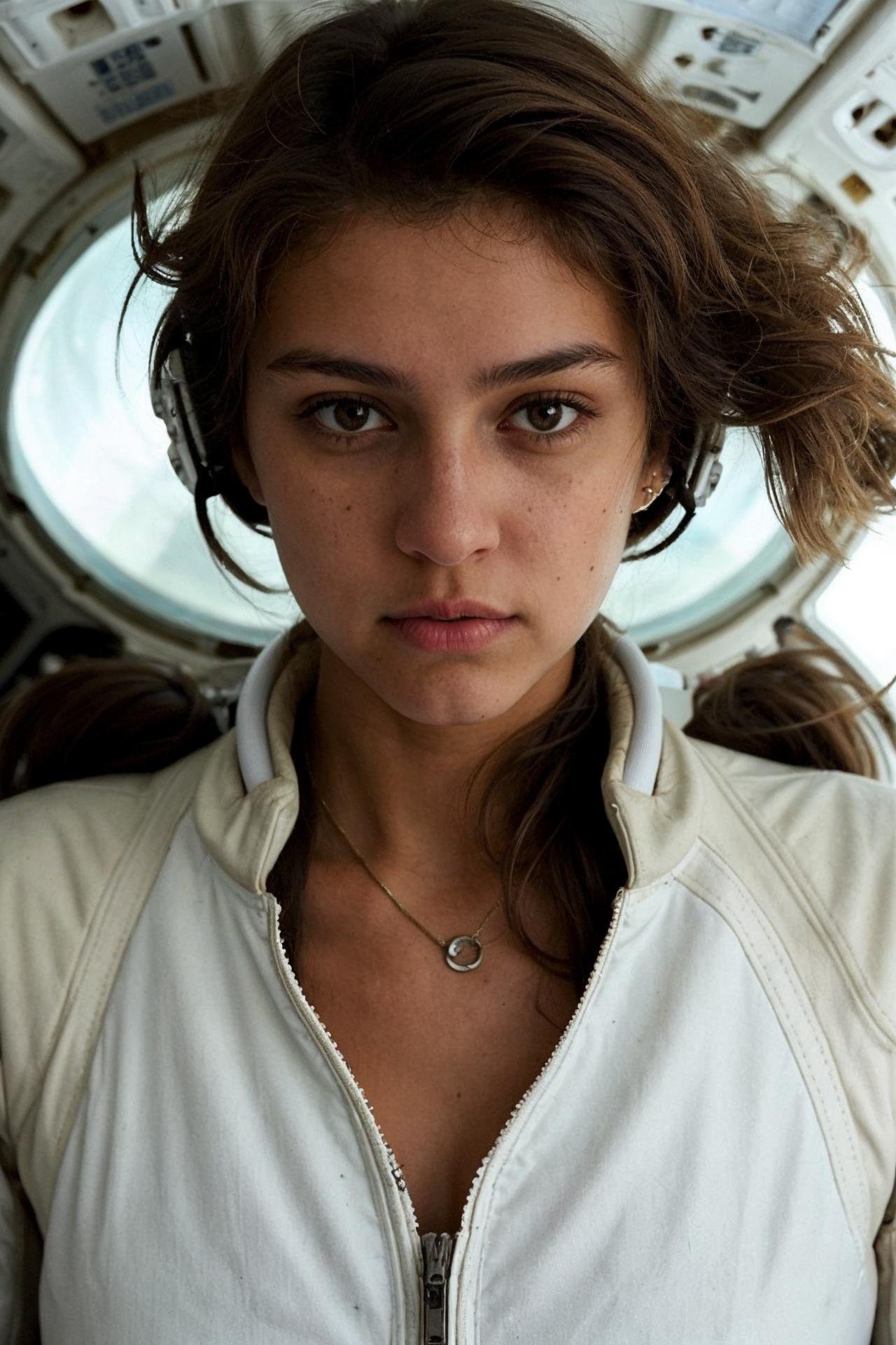 a photo of a messy brown hair girl, unbuttoned white space suit, cleavage, inside spaceship, attractive, looking at viewer, hyperdetailed, closeup