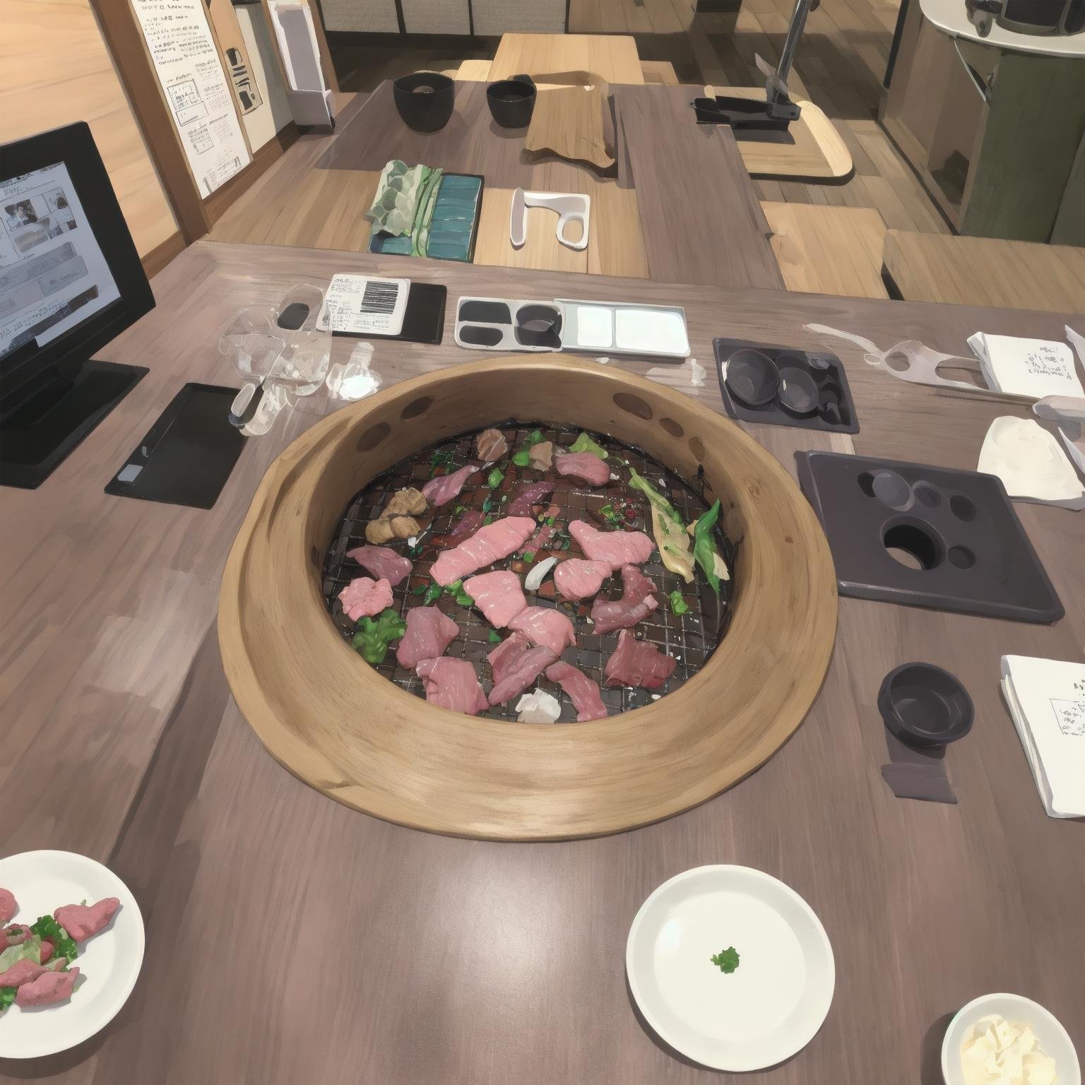 masterpiece, best quality, ultra-detailed, illustration,smokeless_roaster, grill, japan, tongs, scenery,  indoors, plate, window, food, sink, table, stove, wooden floor, chair, door, shelf, box, basket, cabinet, monitor, yakiniku, realistic,  <lora:smokelessroaster_V21:1>