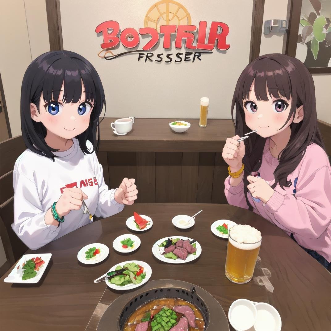 masterpiece, best quality, ultra-detailed, illustration,(smokeless_roaster:1.4), grill, yakiniku, japan, food, cup, multiple girls, 2girls, jewelry, meat, salad, holding, bracelet, black hair, holding cup, eating, plate, alcohol, bowl, restaurant, drinking glass, shirt, indoors, chopsticks, mug, beer, smile, looking at viewer, rice, table, long hair, blurry, beer mug, sitting <lora:smokelessroaster_V21:1>