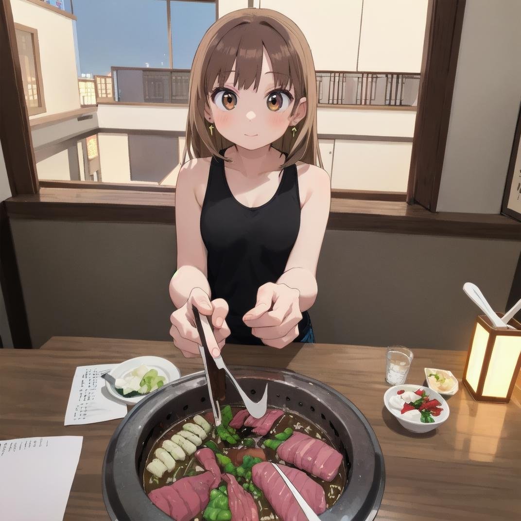 masterpiece, best quality, ultra-detailed, illustration,smokeless_roaster, grill, yakiniku, japan, 1girl, blonde hair, jewelry, looking at viewer, earrings, indoors, cup, window, holding, reflection, restaurant, food, table, brown hair, tank top, night, tongs, holding tongs <lora:smokelessroaster_V21:1>