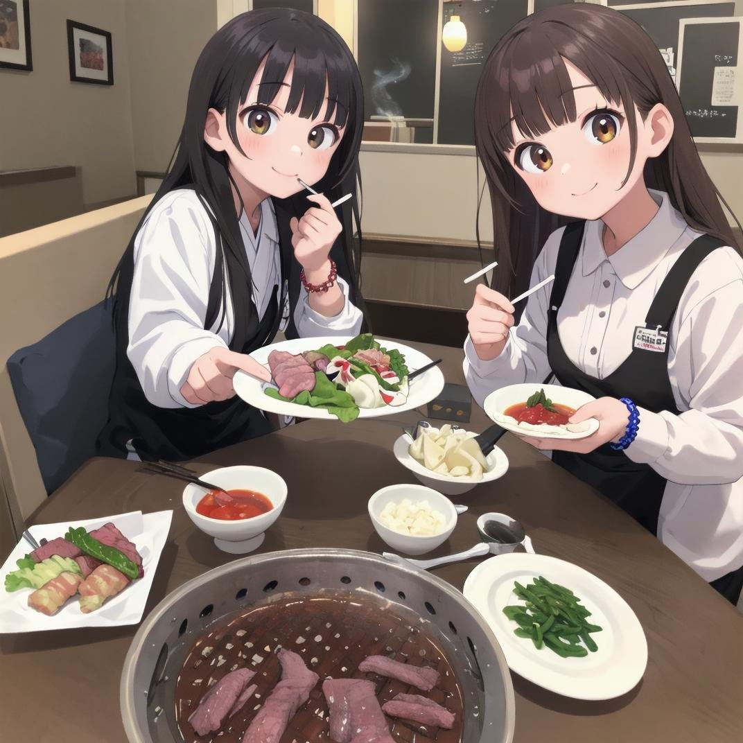 masterpiece, best quality, ultra-detailed, illustration,(smokeless_roaster:1.4), grill, yakiniku, japan, food, cup, multiple girls, 2girls, jewelry, meat, salad, holding, bracelet, black hair, holding cup, eating, plate, alcohol, bowl, restaurant, drinking glass, shirt, indoors, chopsticks, mug, beer, smile, looking at viewer, rice, table, long hair, blurry, beer mug, sitting <lora:smokelessroaster_V21:1>