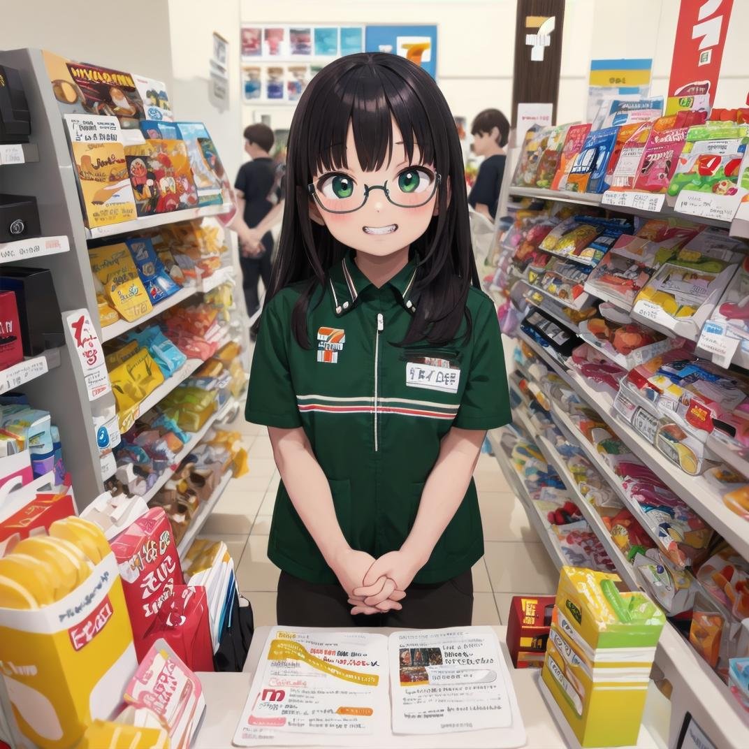 masterpiece, best quality, ultra-detailed, illustration,7elevenU, employee uniform, uniform, jacket, own hands together, 1girl, glasses, pants, looking at viewer, smile, green jacket, black hair, standing, short sleeves, shirt, name tag, long hair, grin, indoors, teeth, id card, 7eleven, scenery, indoors, box,  <lora:7eleven_scenery_SD15_V1:1>