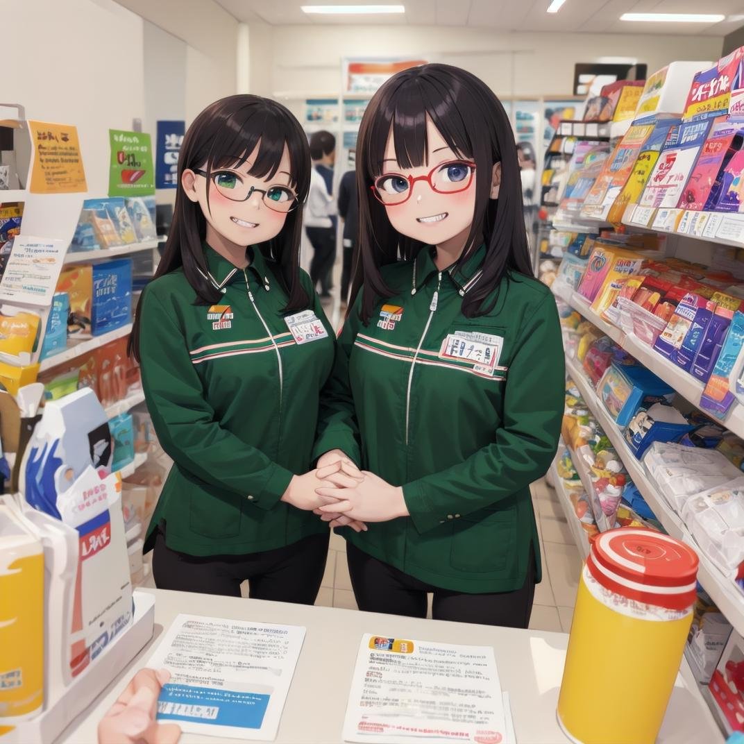 masterpiece, best quality, ultra-detailed, illustration,7elevenU, employee uniform, uniform, jacket, own hands together, 1girl, glasses, pants, looking at viewer, smile, green jacket, black hair, standing, short sleeves, shirt, name tag, long hair, grin, indoors, teeth, id card, 7eleven, scenery, indoors, box,  <lora:7eleven_scenery_SD15_V1:1>