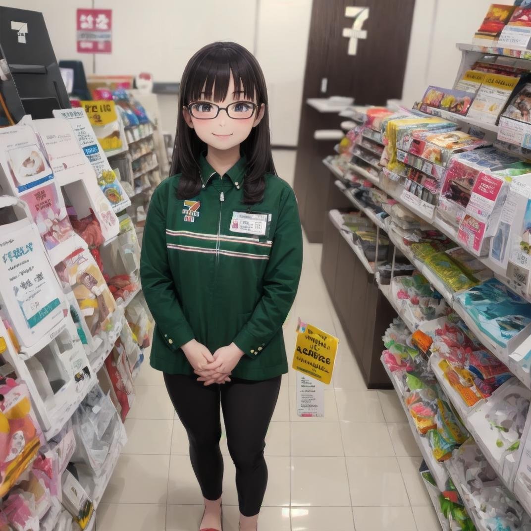 masterpiece, best quality, ultra-detailed, illustration,7elevenU, employee uniform, uniform, jacket, own hands together, 1girl, glasses, pants, looking at viewer, smile, green jacket, black hair, standing, short sleeves, shirt, name tag, long hair, indoors, id card,7eleven, indoors, box, tiles, shop, tile floor, <lora:7eleven_scenery_SD15_V1:1>