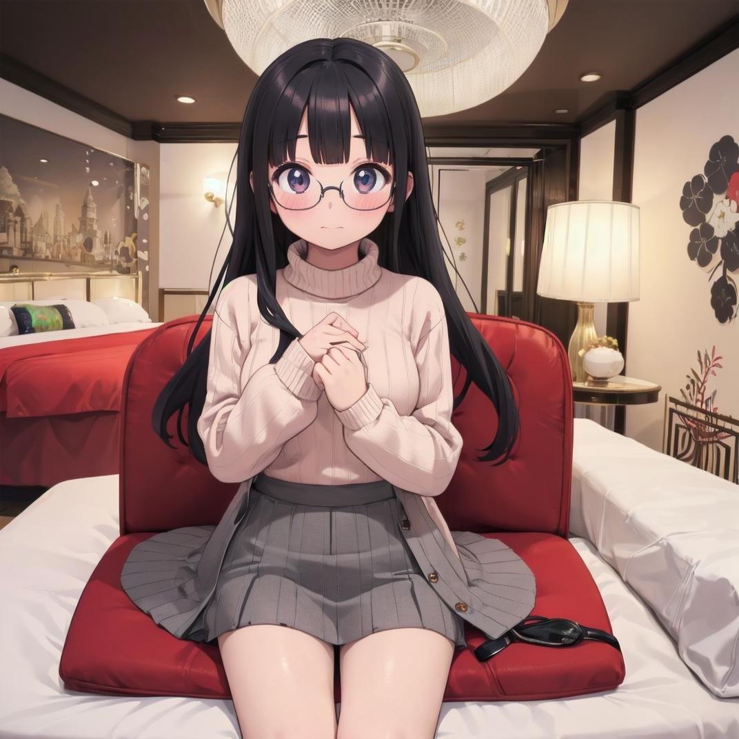 masterpiece, best quality, ultra-detailed, illustration,1girl, solo, glasses, black hair, long hair, ribbed sweater, skirt, looking at viewer, cowboy shot, embarrassed, solo focus, retro_lovehotel, japan, bed, indoors, chair, lamp,   <lora:retro_lovehotel_SD15_V1:0.5>
