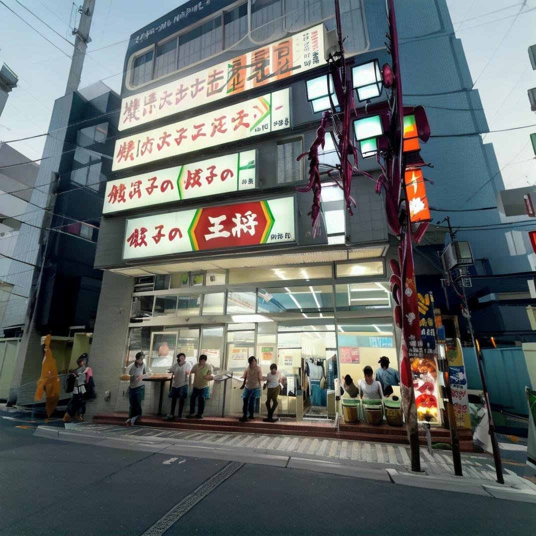 best quality, ultra-detailed, illustration,mikageohsho, japan, shop, scenery, bicycle, ground vehicle, multiple boys, outdoors, real world location, sign, night, pants, bicycle basket, black hair, 6+boys, realistic, photo background, photo (medium) <lora:mikage_ohsho_SD15_V1:1>