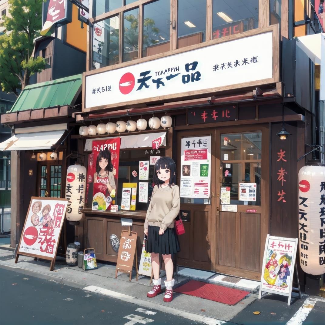 best quality, ultra-detailed, illustration,1girl, glasses, black hair, long hair, happy, smile, looking at viewer, standing, solo focus, ribbed sweater, skirt, handbag, tenkaippin, poster (object), outdoors, tree, road, street, shop, sign, storefront, lantern, building, paper lantern, banner, pavement, real world location, day, plant, <lora:tenkaippin_SD15_V1:0.6>