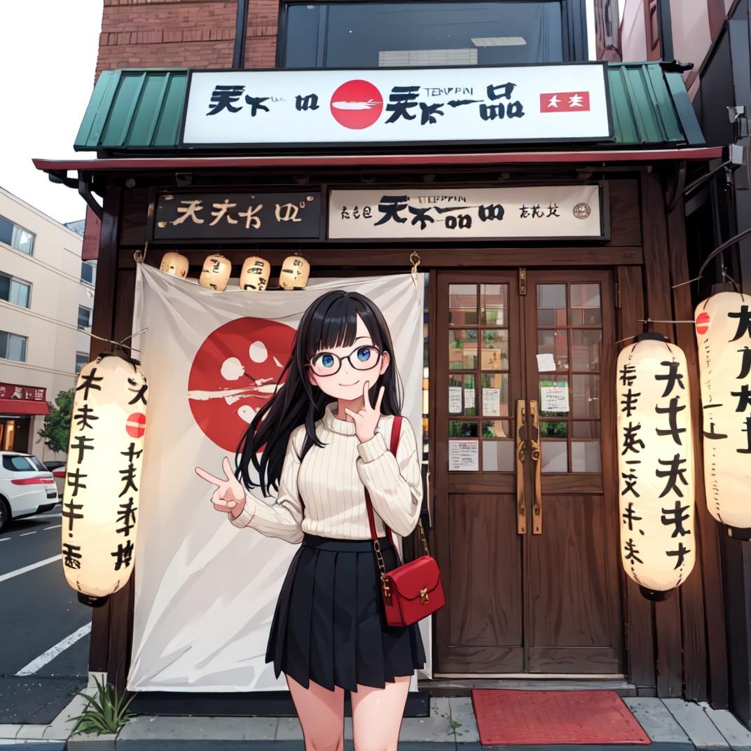 best quality, ultra-detailed, illustration,1girl, glasses, black hair, long hair, happy, smile, looking at viewer, standing, solo focus, ribbed sweater, skirt, handbag,tenkaippin, poster (object), outdoors, tree, road, street, shop, sign, storefront, lantern, building, paper lantern, banner, pavement, real world location, day, plant,<lora:tenkaippin_SD15_V2:0.8>