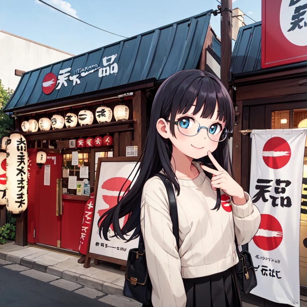 best quality, ultra-detailed, illustration,1girl, glasses, black hair, long hair, happy, smile, looking at viewer, standing, solo focus, ribbed sweater, skirt, handbag,tenkaippin, poster (object), outdoors, tree, road, street, shop, sign, storefront, lantern, building, paper lantern, banner, pavement, real world location, day, plant,<lora:tenkaippin_SD15_V2:0.8>