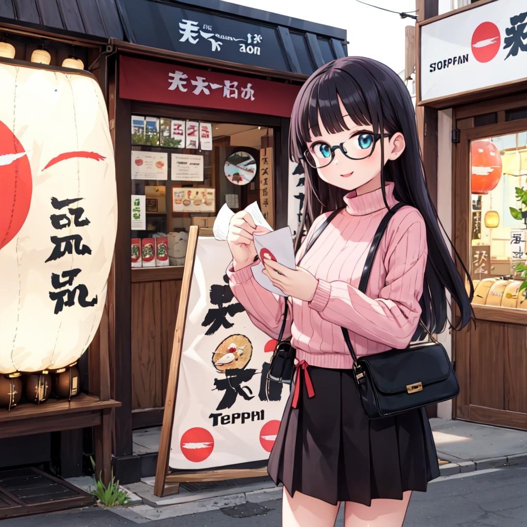 best quality, ultra-detailed, illustration,1girl, glasses, black hair, long hair, happy, smile, looking at viewer, standing, solo focus, ribbed sweater, skirt, handbag,tenkaippin, poster (object), outdoors, tree, road, street, shop, sign, storefront, lantern, building, paper lantern, banner, pavement, real world location, day, plant,<lora:tenkaippin_SD15_V2:0.8>