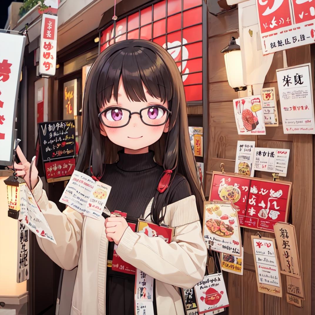 masterpiece, best quality, ultra-detailed, illustration,1girl, glasses, black hair, long hair, sweater, long skirt, shy smile, happy, v, looking at viewer, upper body,yukari, storefront, food, night, sign, paper lantern, lantern, shop,<lora:Okonomiyaki_Yakari_SD15_V1:0.8>