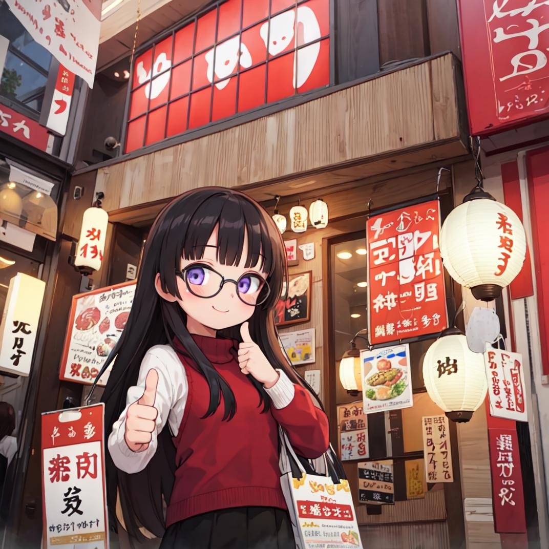 masterpiece, best quality, ultra-detailed, illustration,1girl, glasses, black hair, long hair, sweater, long skirt, shy smile, happy, thumbs up, looking at viewer, upper body,yukari, storefront, food, night, sign, paper lantern, lantern, shop, <lora:Okonomiyaki_Yakari_SD15_V1:0.6>