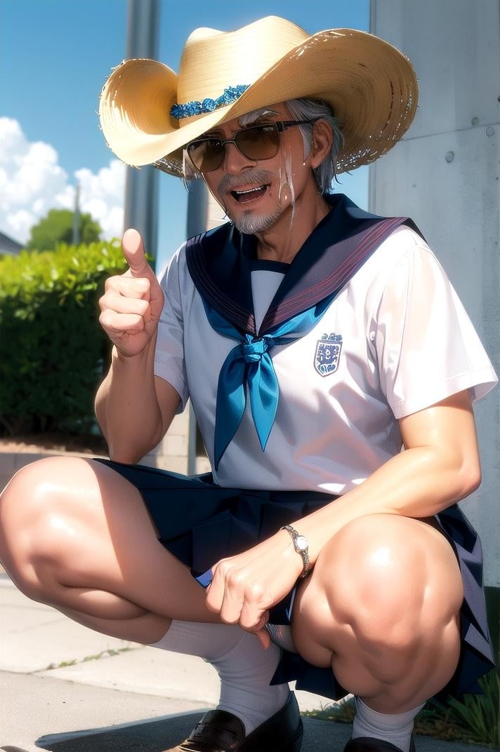 masterpiece, best quality, ultra-detailed, illustration,older man, (mascular male:1.8), Fine macho, silver hair , short cut, sunglasses, cowboy hat, hold beer can, laughing, thumbs up,  blue sky, sunlight, cloud, panchira, school uniform, squatting, underwear,  serafuku, black hair, skirt, socks, sailor collar, bag, short sleeves, white shirt,<lora:panchira:0.4>