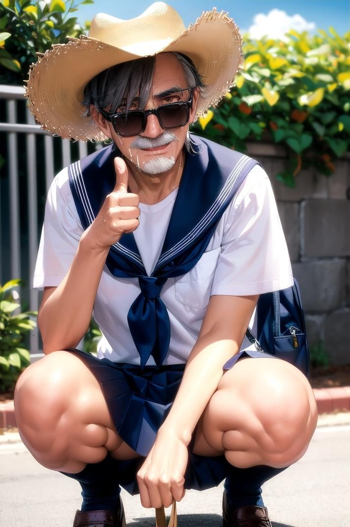 masterpiece, best quality, ultra-detailed, illustration,older man, (mascular male:1.8), Fine macho, silver hair , short cut, sunglasses, cowboy hat, hold beer can, laughing, thumbs up,  blue sky, sunlight, cloud, panchira, school uniform, squatting, underwear,  serafuku, black hair, skirt, socks, sailor collar, bag, short sleeves, white shirt,<lora:panchira:0.4>