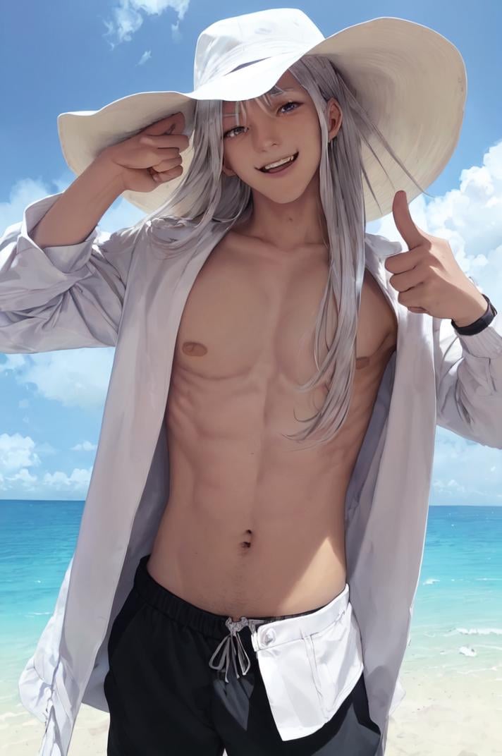 masterpiece, best quality, ultra-detailed, illustration(older man:1.4), (mascular male:1.8), (Fine macho:1.4), (silver hair:1.4), short cut, sunglasses, cowboy hat, hold beer can, laughing, thumbs up, beach, blue sky, sunlight, cloud, chikuban, bandaids on nipples, covered nipples,  uppper body,  pants, shirtless <lora:chikuban_sujiban_V5_Resize_DIM8:0.8>