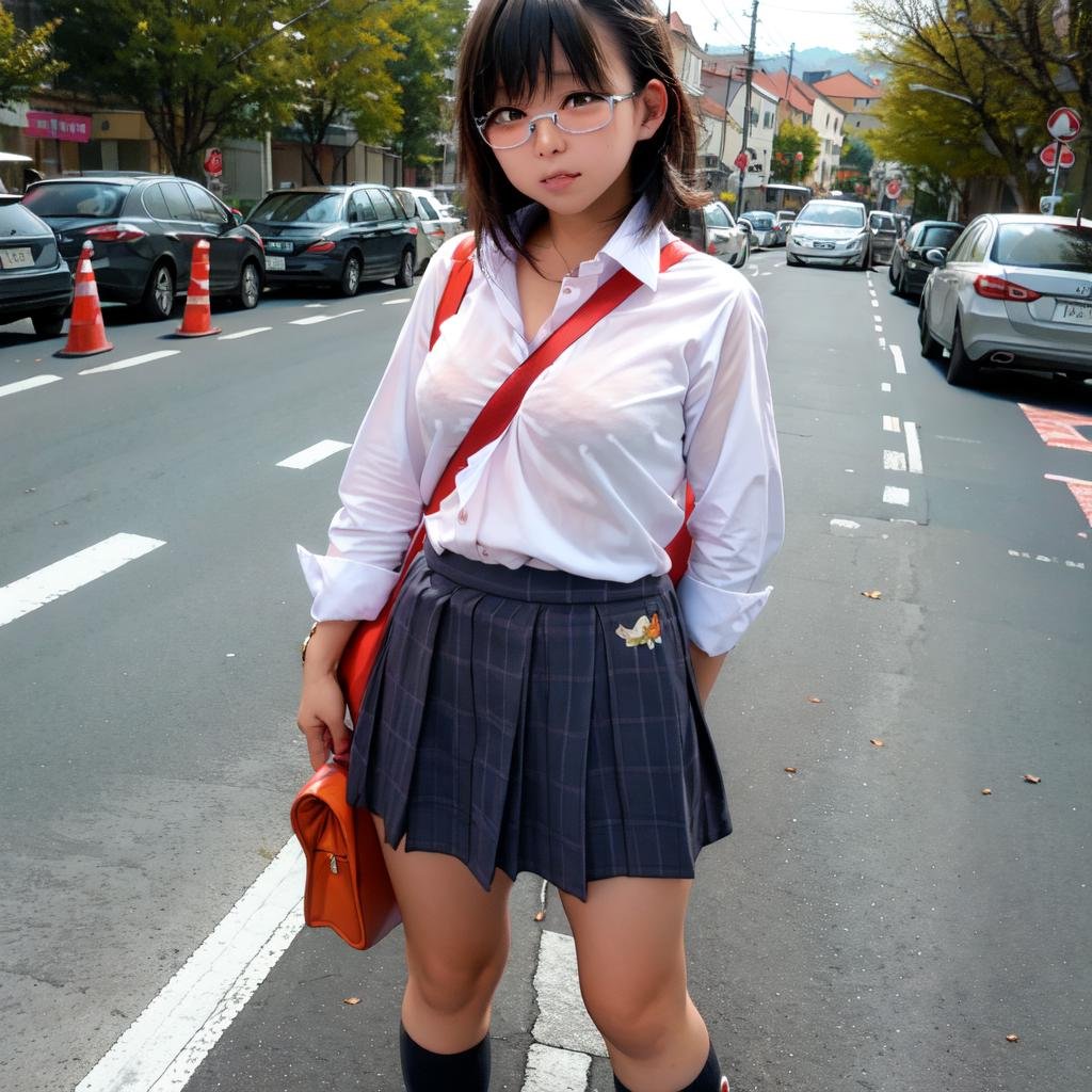 masterpiece, best quality, ultra-detailed, illustration,paisura, 1girl, glasses, small breasts, necktie, skirt, bag, school uniform, black hair, outdoors, road, between breasts, street, school bag, ground vehicle<lora:paisura:1:NP>