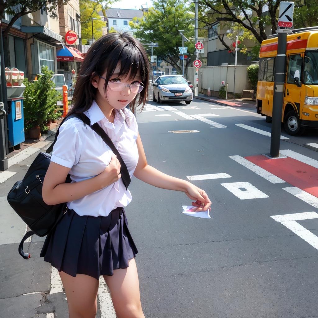 masterpiece, best quality, ultra-detailed, illustration,paisura, 1girl, glasses, small breasts, necktie, skirt, bag, school uniform, black hair, outdoors, road, between breasts, street, school bag, ground vehicle<lora:paisura:1:NP>