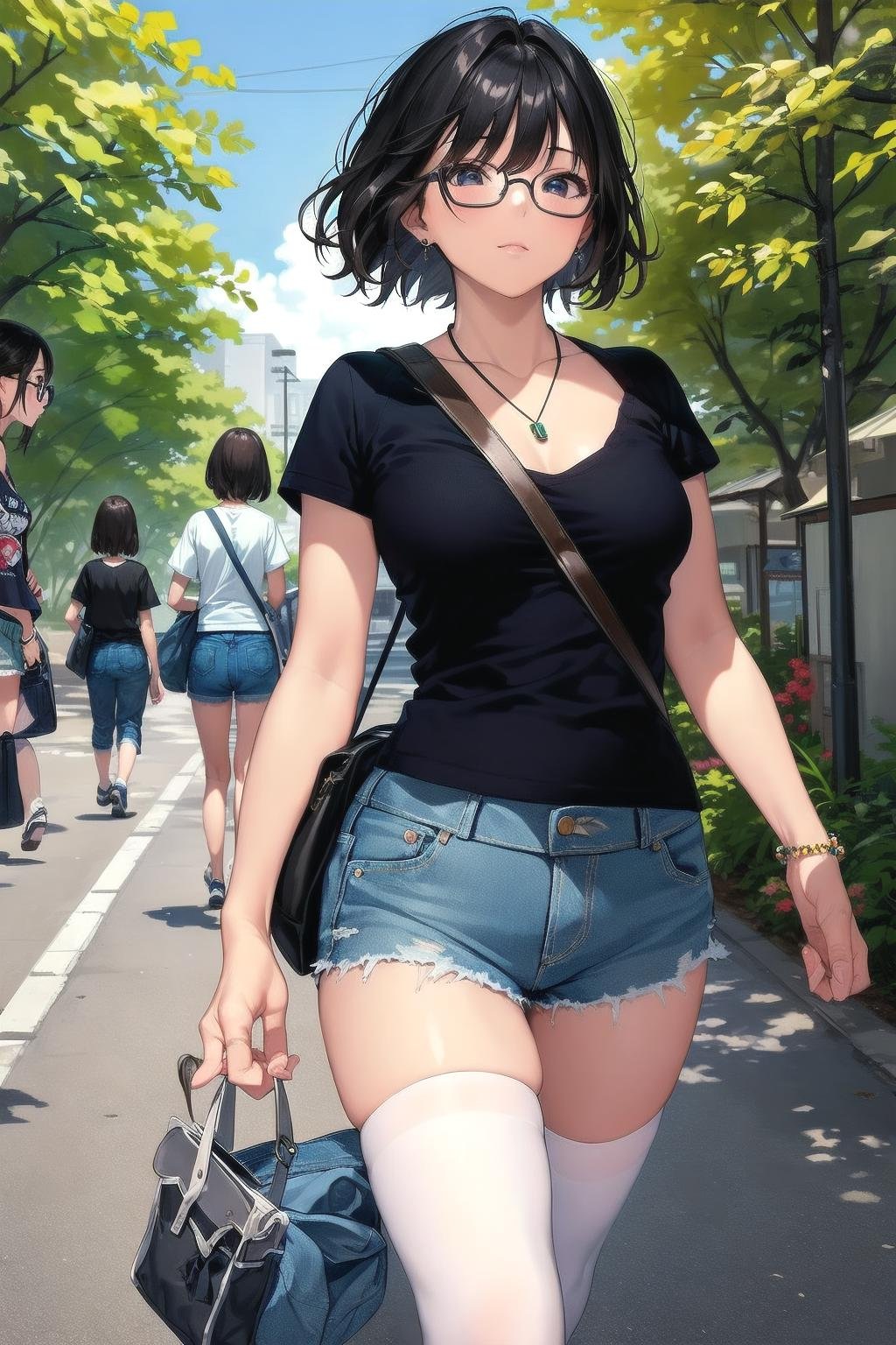 masterpiece, best quality, ultra-detailed, illustration,1girl, glasses, paisura, bag, shorts,  shirt, jewelry, necklace, t-shirt, denim, short shorts, breasts, denim shorts, black hair, white shirt, short sleeves, solo focus, multiple girls, medium breasts, walking, outdoors, black thighhighs, <lora:paisura_1.0_OUT34_DIM32:1>