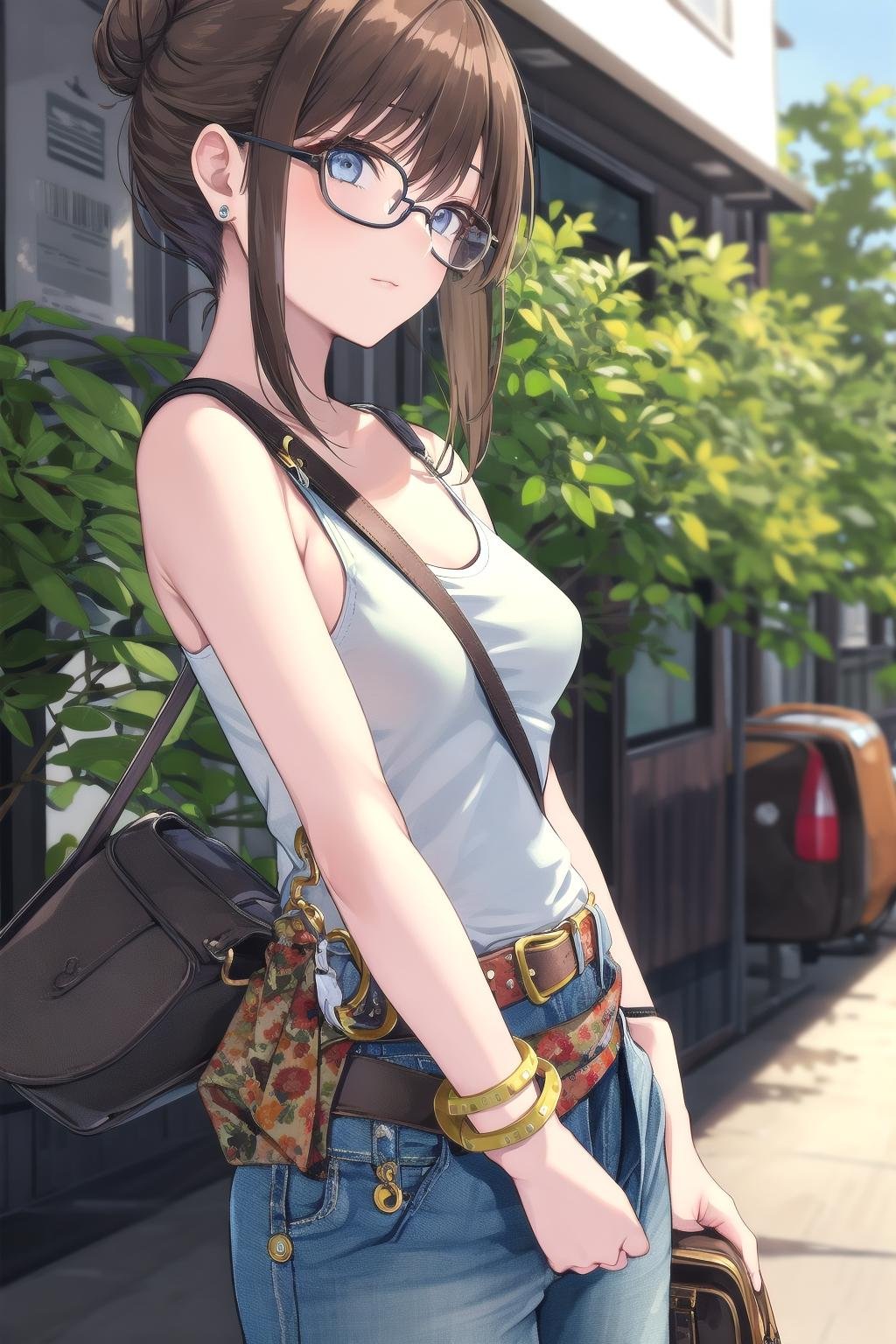 masterpiece, best quality, ultra-detailed, illustration,π/, paisura, 1girl, glasses, solo,  small breasts, strap between breasts, denim, pants, bag, jeans, ground vehicle, tank top, outdoors, blurry, jewelry, breasts, bare shoulders, blurry background, belt, bracelet, white tank top, handbag, brown hair, shirt, day, hair bun, <lora:paisura_1.0_OUT34_DIM32:1>