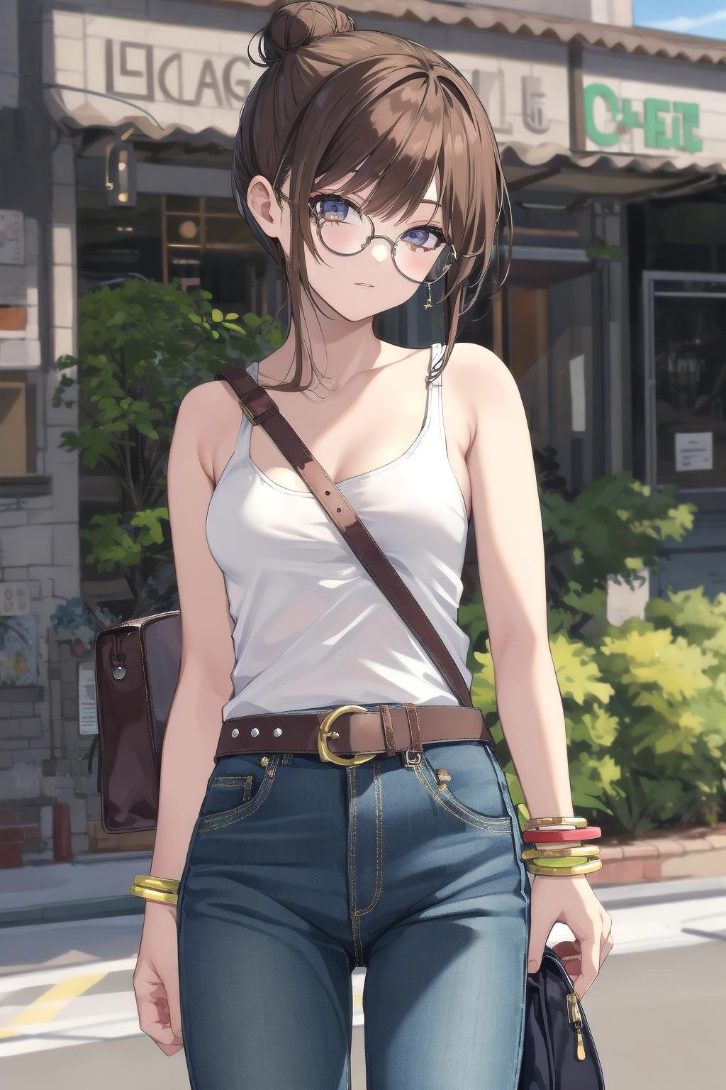 masterpiece, best quality, ultra-detailed, illustration,π/, paisura, 1girl, glasses, solo,  small breasts, strap between breasts, denim, pants, bag, jeans, ground vehicle, tank top, outdoors, blurry, jewelry, breasts, bare shoulders, blurry background, belt, bracelet, white tank top, handbag, brown hair, shirt, day, hair bun, <lora:paisura_1.0_OUT34_DIM32:1>