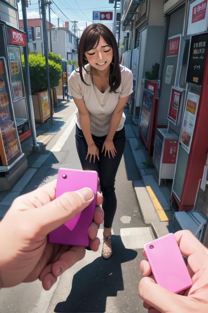 masterpiece, best quality, ultra-detailed, illustration,remote controller, remote control, 1girl, solo, closed eyes, brown hair, smile, holding, pov, realistic, street, road, city,  <lora:remocon_1_MID5_ResizeDIM32:1>