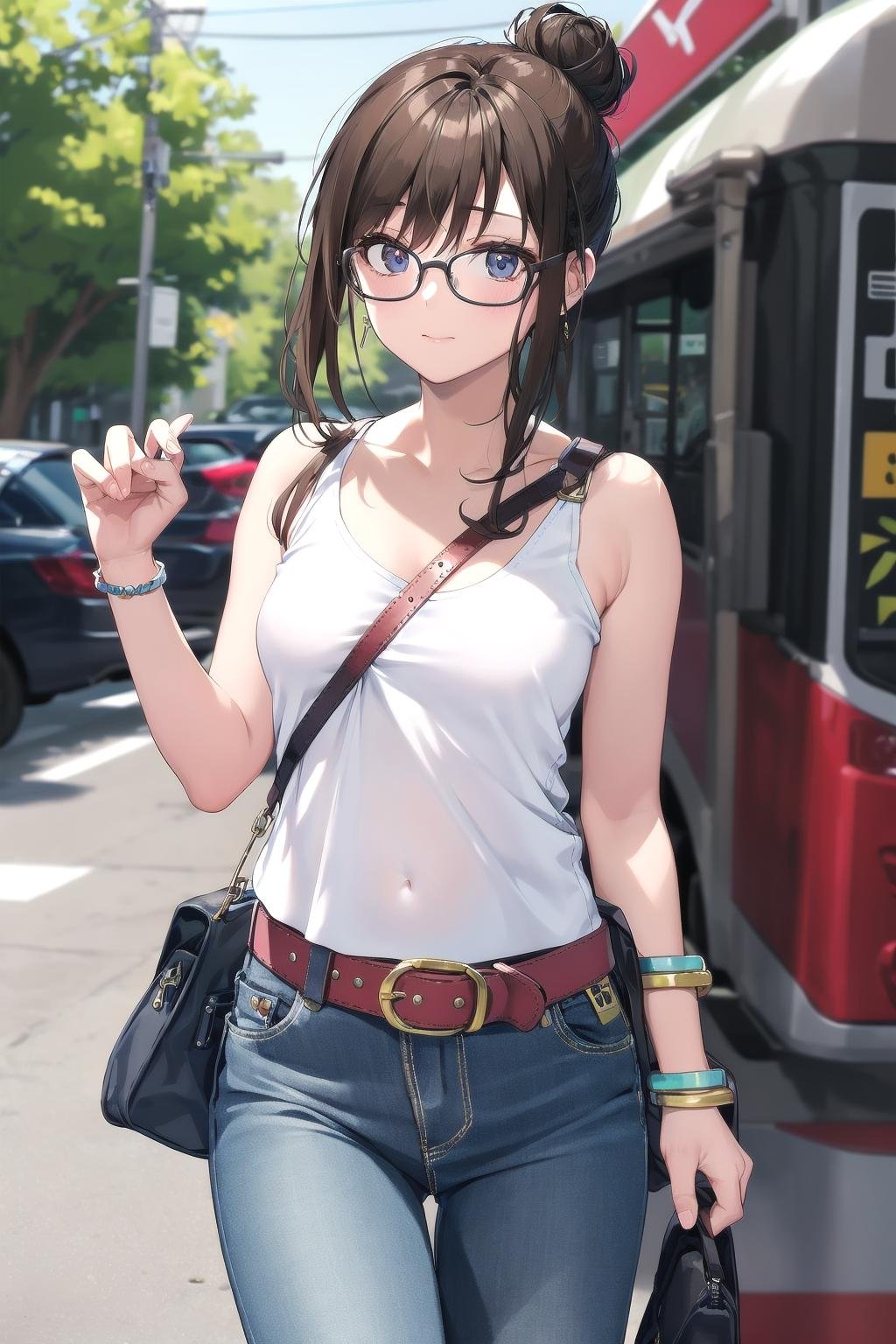 masterpiece, best quality, ultra-detailed, illustration,π/, paisura, 1girl, glasses, solo,  small breasts, strap between breasts, denim, pants, bag, jeans, ground vehicle, tank top, outdoors, blurry, jewelry, breasts, bare shoulders, blurry background, belt, bracelet, white tank top, handbag, brown hair, shirt, day, hair bun,<lora:paisura_1.0_OUT34_DIM32:1>