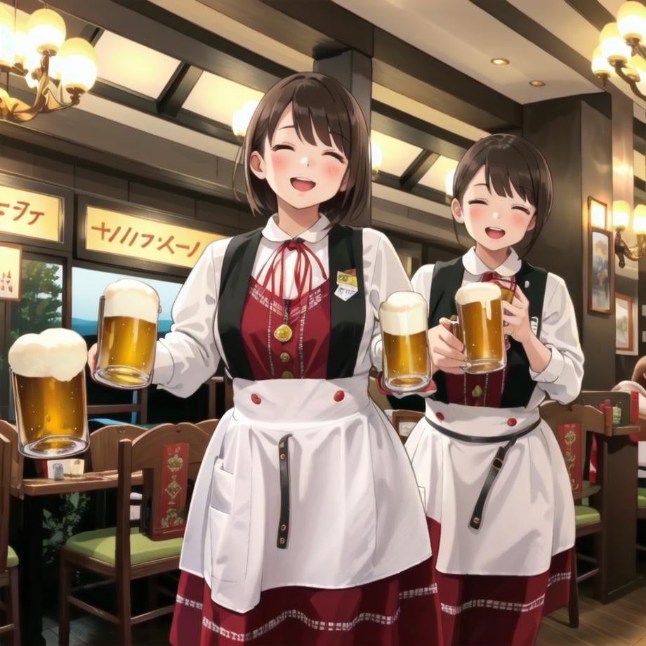 best quality, ultra-detailed, illustration,NMC, 1girl, beer, smile, cup, black hair, holding cup, mug, alcohol, food, holding, short hair, open mouth, ribbon, beer mug, brown hair, apron, waitress, neck ribbon, shirt, laughing, happy, closed eyes, newmunchen, scenery, table, indoors, chair, window, ceiling light, restaurant, light, <lora:NMC_SD15_V2:1>