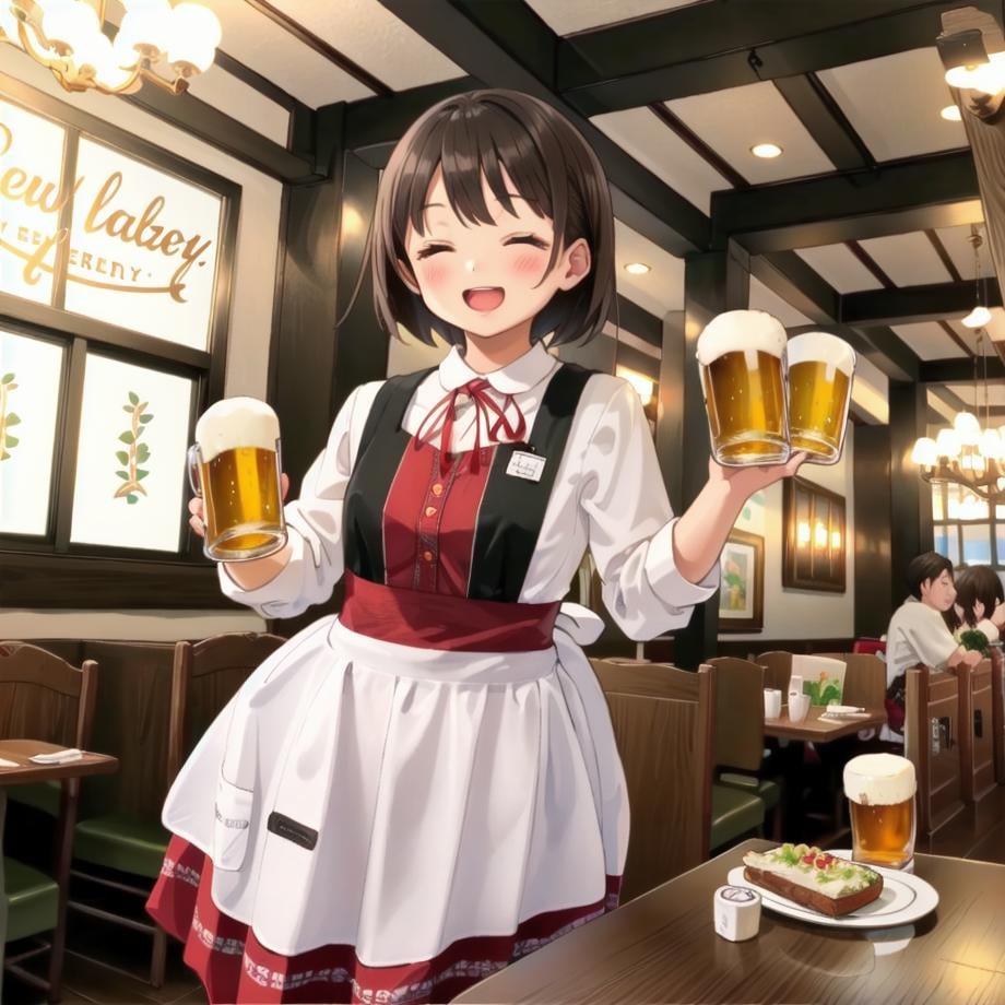 best quality, ultra-detailed, illustration,NMC, 1girl, beer, smile, cup, black hair, holding cup, mug, alcohol, food, holding, short hair, open mouth, ribbon, beer mug, brown hair, apron, waitress, neck ribbon, shirt, laughing, happy, closed eyes, newmunchen, scenery, table, indoors, chair, window, ceiling light, restaurant, light, <lora:NMC_SD15_V2:1>