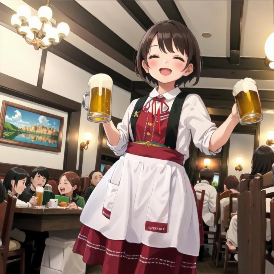 best quality, ultra-detailed, illustration,NMC, 1girl, beer, smile, cup, black hair, holding cup, mug, alcohol, food, holding, short hair, open mouth, ribbon, beer mug, brown hair, apron, waitress, neck ribbon, shirt, laughing, happy, closed eyes, newmunchen, scenery, table, indoors, chair, window, ceiling light, restaurant, light, <lora:NMC_SD15_V2:1>