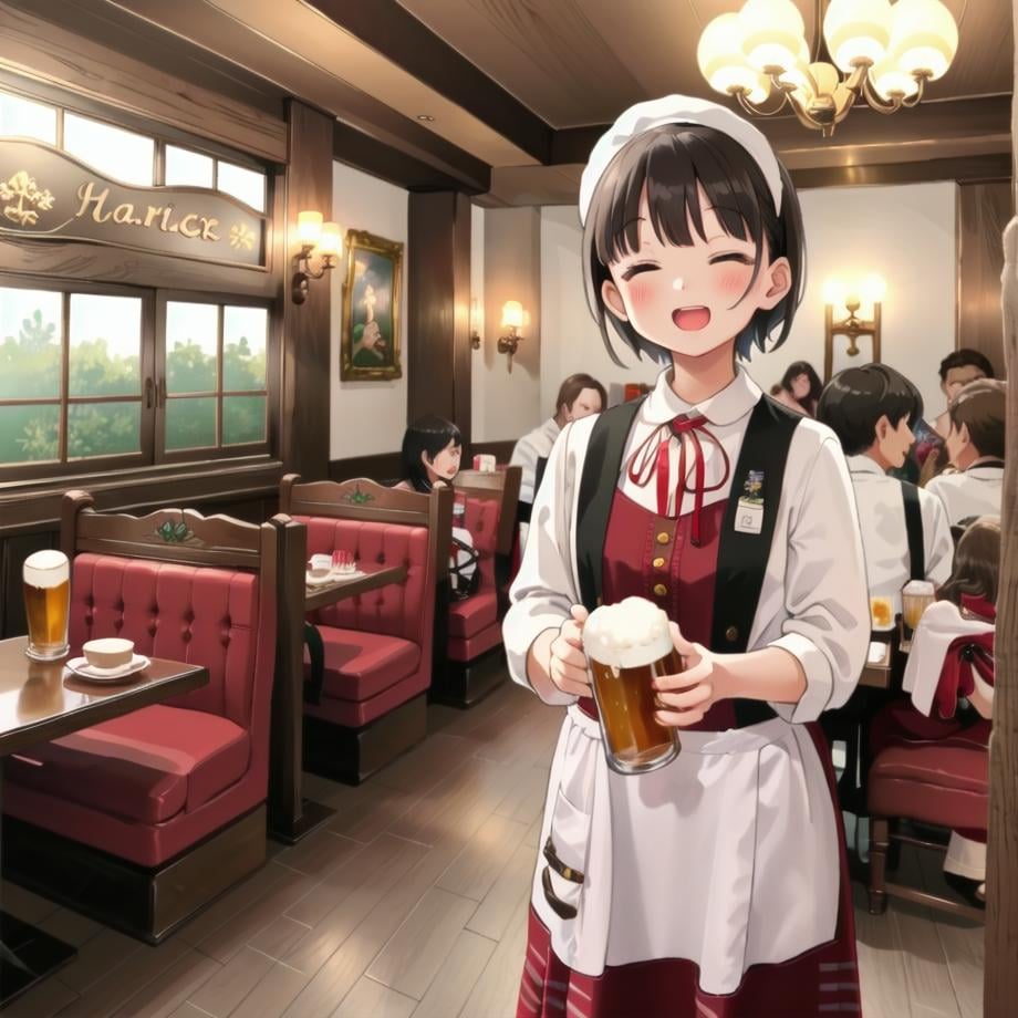 best quality, ultra-detailed, illustration,NMC, 1girl, beer, smile, cup, black hair, holding cup, mug, alcohol, food, holding, short hair, open mouth, ribbon, beer mug, brown hair, apron, waitress, neck ribbon, shirt, laughing, happy, closed eyes, newmunchen, scenery, table, indoors, chair, window, ceiling light, restaurant, light, <lora:NMC_SD15_V2:1>