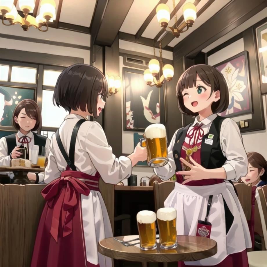 best quality, ultra-detailed, illustration,NMC, multiple girls, beer, smile, cup, black hair, holding cup, mug, alcohol, food, holding, short hair, 3girls, open mouth, ribbon, one eye closed, beer mug, brown hair, apron, waitress, neck ribbon, closed eyes, shirt, newmunchen, scenery, table, indoors, chair, window, ceiling light, restaurant, light, <lora:NMC_SD15_V2:1>