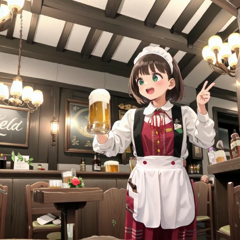 best quality, ultra-detailed, illustration,NMC, 1girl, beer, smile, cup, black hair, holding cup, mug, alcohol, food, holding, short hair, open mouth, ribbon, beer mug, brown hair, apron, waitress, neck ribbon, shirt, laughing, happy, newmunchen, chair, table, indoors, cafe, cup, ceiling light, food, drinking glass, tiles, chandelier, traditional media, ceiling, alcohol, glass, clock, lamp, light, bottle, <lora:NMC_SD15_V2:1>