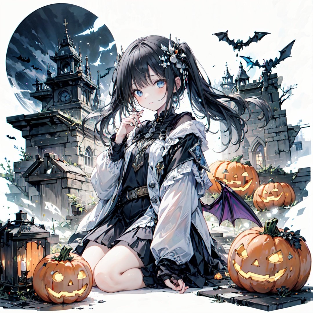  {masterpiece},1girl,jack-o'-lantern,will-o'-the-wisp (mythology),bandages,genie,ghost,candy,(long hair:1.2),halloween,halloween costume,hime cut,messy hair,floating hair,(demon wings:1.2), JaLanteen, cozy anime, wansheng, darktheme, WaHaa