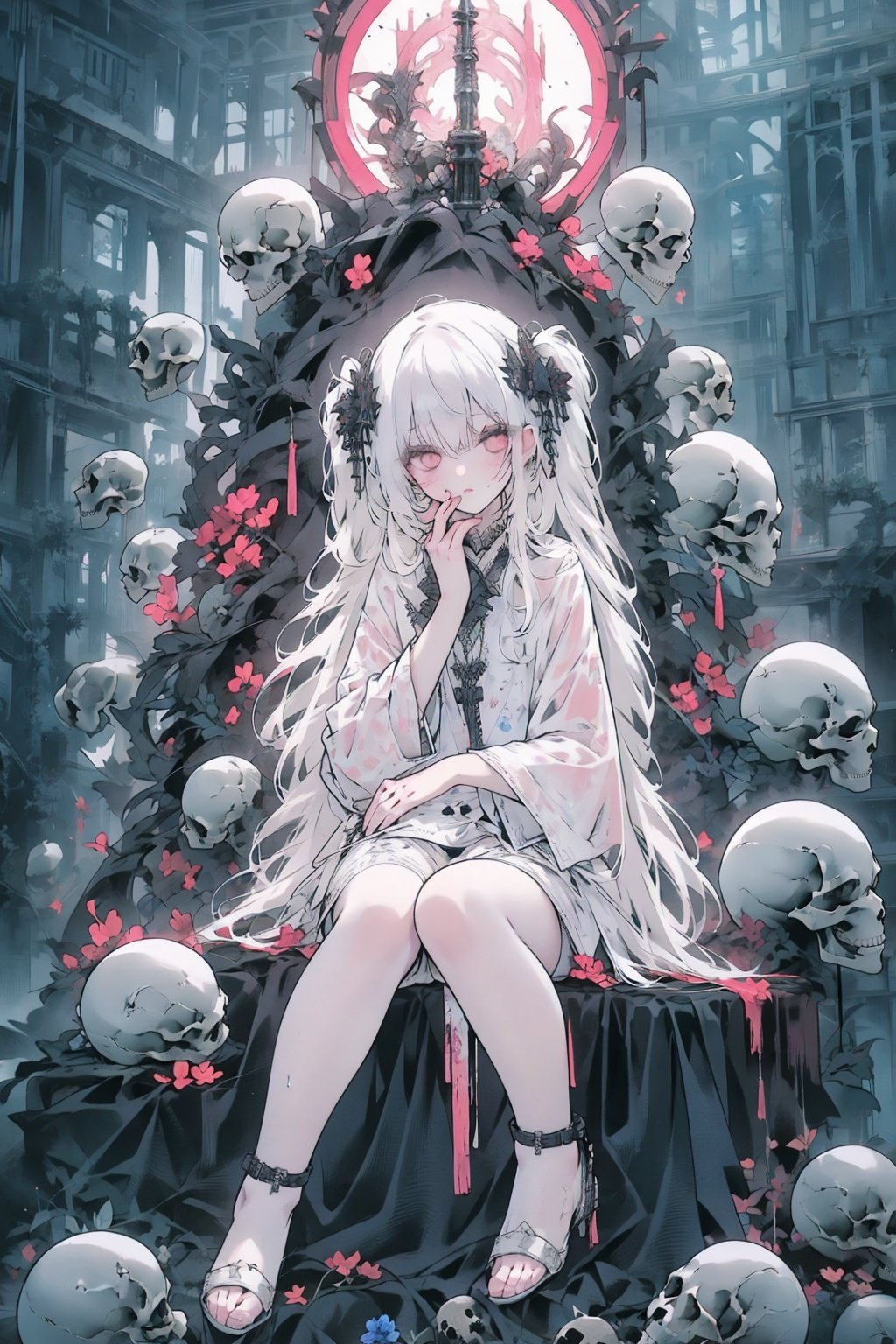  ((1girl,solo, alone, delicate face, cute, red eye pupil, pink eyelashes, red eye shadow, pink lips,excellent face,expression is enchanting,)), Character close-up,
leaning against the ruins, with a floating skeleton in the background.(white stockings),her posture is seductive, her hand is holding her face, and there is a flicker of evil energy runes in the background, blood mist filled, and soft light. No shoes,My feet are covered in bones. Skeletons, many skeletons. Official art, unit 8 k wallpaper, ultra detailed, beautiful and aesthetic, masterpiece, best quality, extremely detailed, dynamic angle, paper skin, radius, iuminosity, cowboyshot, the most beautiful form of Chaos, elegant, a brutalist designed, visual colors, romanticism, by James Jean, roby dwi antono, cross tran, francis bacon, Michael mraz, Adrian ghenie, Petra cortright, Gerhard richter, Takato yamamoto, ashley wood, atmospheric, ((late at night,dark)), light rain,dark, limited palette, contrast,(((Cornflower))), cornflower, cornflower,vines, forest, lens flare, hdr, Tyndall effect,damp,wet,cold theme, broken wall, aqua theme, floating hair, high detail, nayutaren, Nyarly