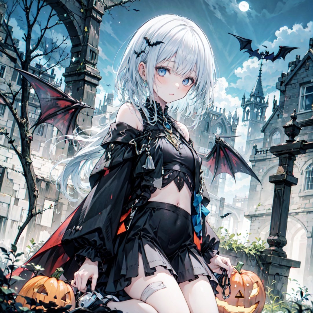  {masterpiece},1girl,jack-o'-lantern,will-o'-the-wisp (mythology),bandages,genie,ghost,candy,(long hair:1.2),halloween,halloween costume,hime cut,messy hair,floating hair,(demon wings:1.2), JaLanteen, cozy anime, wansheng, darktheme, WaHaa