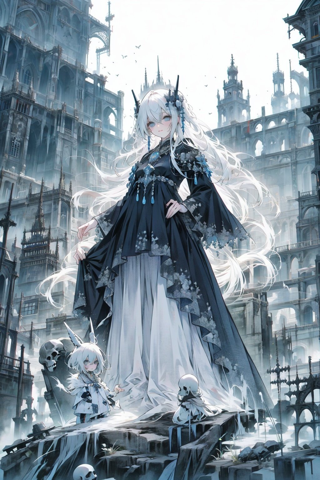  Queen, leaning against the ruins, with a floating skeleton in the background. (pumpkin mask:1.2),The Queen's expression is enchanting,(white stockings),her posture is seductive, her hand is holding her face, and there is a flicker of evil energy runes in the background, blood mist filled, and soft light. No shoes,My feet are covered in bones. Skeletons, many skeletons. Official art, unit 8 k wallpaper, ultra detailed, beautiful and aesthetic, masterpiece, best quality, extremely detailed, dynamic angle, paper skin, radius, iuminosity, cowboyshot, the most beautiful form of Chaos, elegant, a brutalist designed, visual colors, romanticism, by James Jean, roby dwi antono, cross tran, francis bacon, Michael mraz, Adrian ghenie, Petra cortright, Gerhard richter, Takato yamamoto, ashley wood, atmospheric, flowers in full bloom, many bird of parade, deep forests, sunlight, atmosphere, rich details, full body lens, shot from above, shot from below, detail background, beautiful sky, floating hair, perfect face, exquisite facial features, high detail, smile, dynamic angle, dynamic posture,