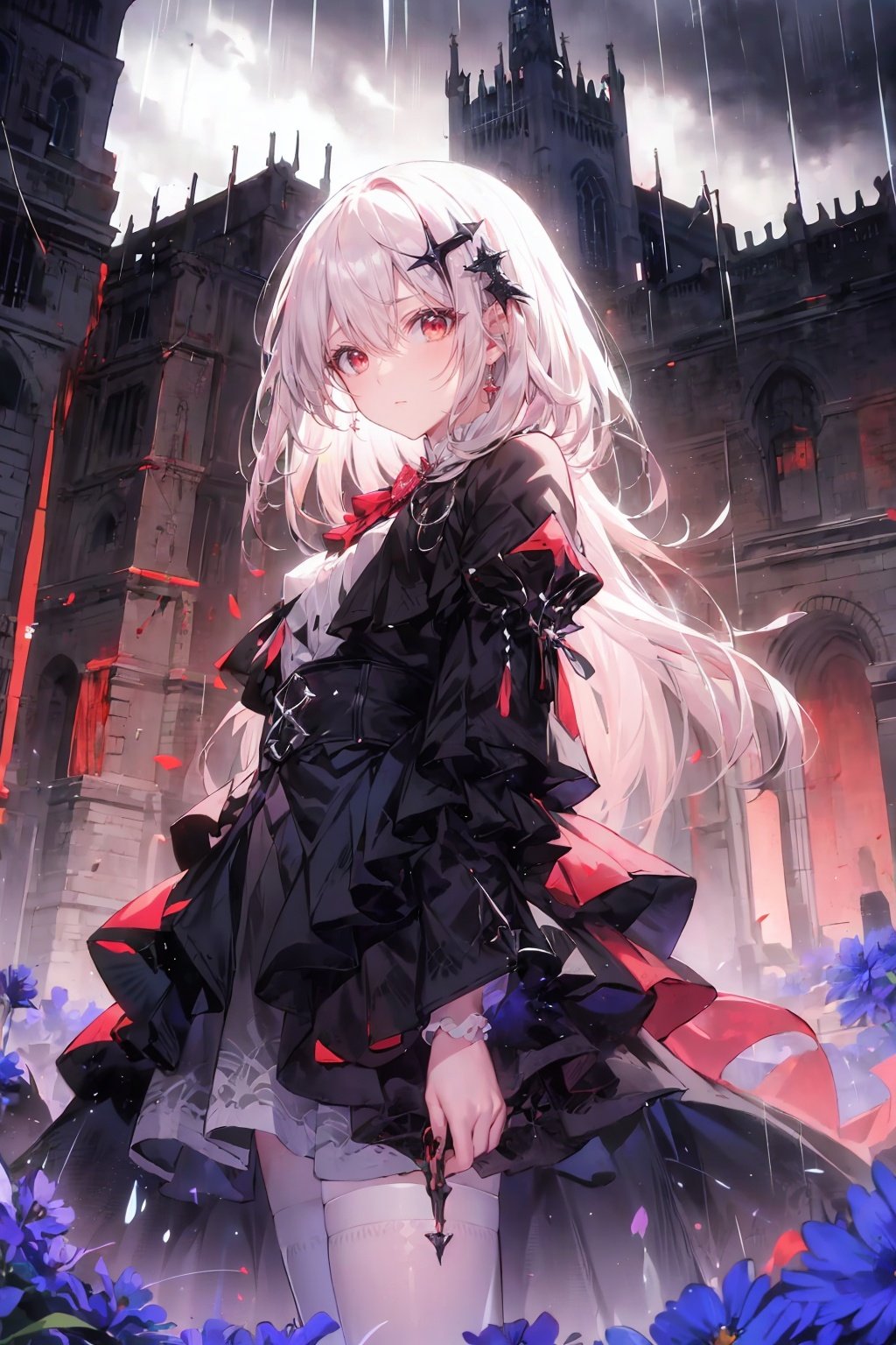 ((1girl,solo, alone, delicate face, cute, red eye pupil, pink eyelashes, red eye shadow, pink lips,excellent face,expression is enchanting,)), Character close-up,
leaning against the ruins, with a floating skeleton in the background.(white stockings),her posture is seductive, her hand is holding her face, and there is a flicker of evil energy runes in the background, blood mist filled, and soft light. Official art, unit 8 k wallpaper, ultra detailed, beautiful and aesthetic, masterpiece, best quality, extremely detailed, dynamic angle, paper skin, radius, iuminosity, cowboyshot, the most beautiful form of Chaos, elegant, a brutalist designed, visual colors, romanticism, by James Jean, roby dwi antono, cross tran, francis bacon, Michael mraz, Adrian ghenie, Petra cortright, Gerhard richter, Takato yamamoto, ashley wood, atmospheric, ((late at night,dark)), light rain,dark, limited palette, contrast,(((Cornflower))), corn