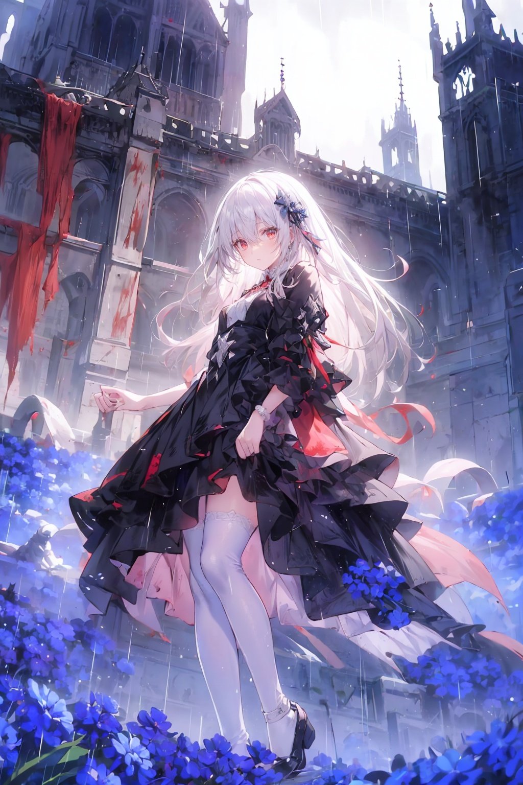  ((1girl,solo, alone, delicate face, cute, red eye pupil, pink eyelashes, red eye shadow, pink lips,excellent face,expression is enchanting,)), Character close-up,
leaning against the ruins, with a floating skeleton in the background.(white stockings),her posture is seductive, her hand is holding her face, and there is a flicker of evil energy runes in the background, blood mist filled, and soft light. No shoes,My feet are covered in bones. Skeletons, many skeletons. Official art, unit 8 k wallpaper, ultra detailed, beautiful and aesthetic, masterpiece, best quality, extremely detailed, dynamic angle, paper skin, radius, iuminosity, cowboyshot, the most beautiful form of Chaos, elegant, a brutalist designed, visual colors, romanticism, by James Jean, roby dwi antono, cross tran, francis bacon, Michael mraz, Adrian ghenie, Petra cortright, Gerhard richter, Takato yamamoto, ashley wood, atmospheric, ((late at night,dark)), light rain,dark, limited palette, contrast,(((Cornflower))), cornflower, cornflower,vines, forest, lens flare, hdr, Tyndall effect,damp,wet,cold theme, broken wall, aqua theme, floating hair, high detail, nayutaren, Nyarly