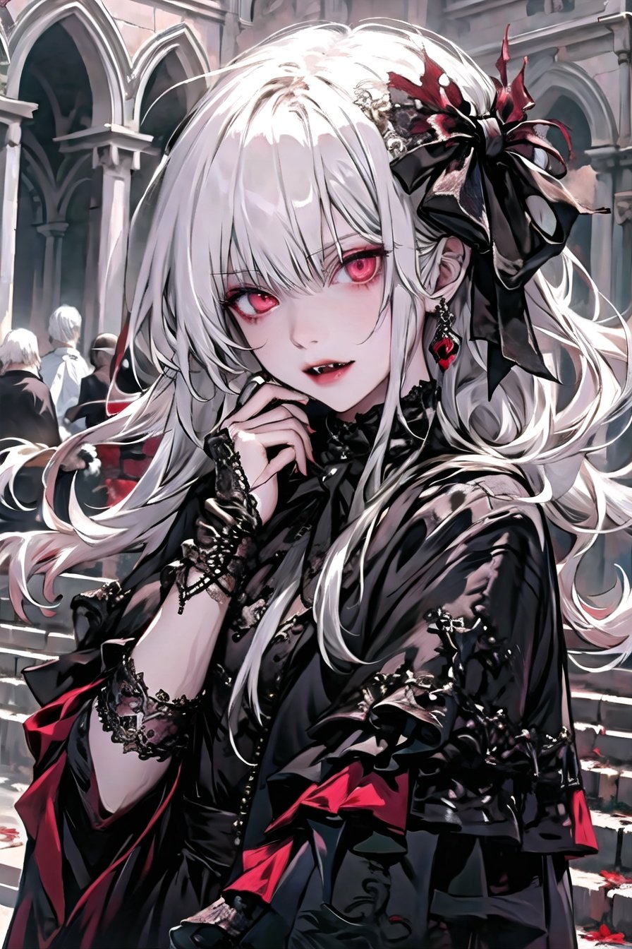  1girl,vampire,masterpiece,fangs,blood,red eyes,white hair