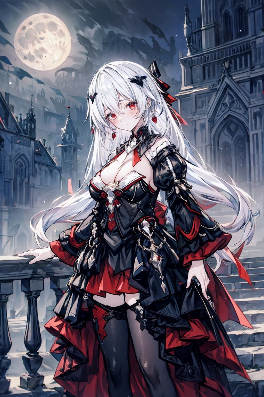  (((extremely detailed CG))), ((high resolution)), (masterpiece), best quality, hyper detailed, full body,cowboy shot,depth_of_field, cinemaitic lighting

dayuexia,1girl, solo,red eyes, long hair, twintails, large breasts, cleavage,bangs, looking at viewer, thighhighs, black dress, closed mouth, white hair, long sleeves, hair ornament, flower, hair between eyes, smile, black footwear

(skirt lift :1.1)

castle,balcony,night,(moonlit night:1.2)

