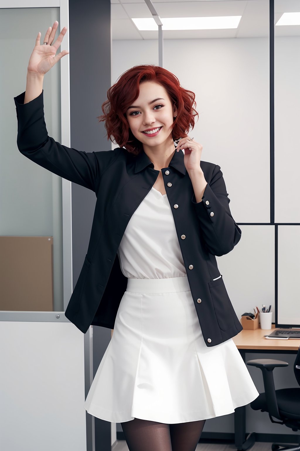 cinematic photo,  standing,  looking at viewer,  amateur,  bokeh,  narrow waist,  dynamic view,  smile,  ofice attire,  black jacket,  white shirt,  skirt,  :),  pale,  hands up,  arms up,  smiling,  looking at viewer,  office,  detailed face pale,  red hair,  tatoos,  black pantyhose