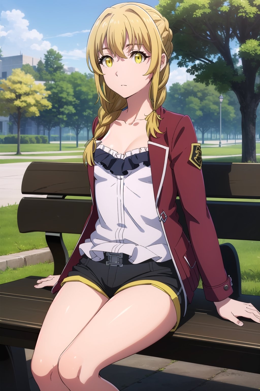 guild girl, long hair, blonde hair, (yellow eyes:1.5), braid, single braid, solo, masterpiece, best quality, highres, perfect anatomy, 8k, uncensored, perfect, braid, micro shorts, red jacket, open jacket, bandeau, camisole, (small breasts:0.9), , outdoors, park bench, park, trees
