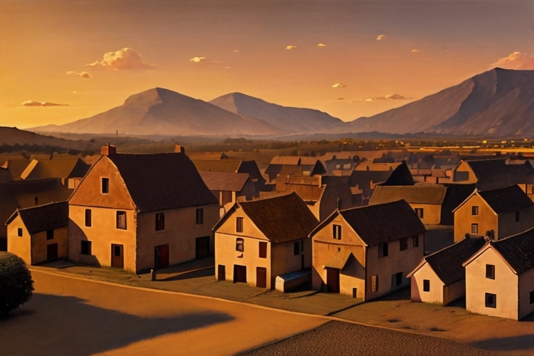 A small village, golden hour, best quality, 32k