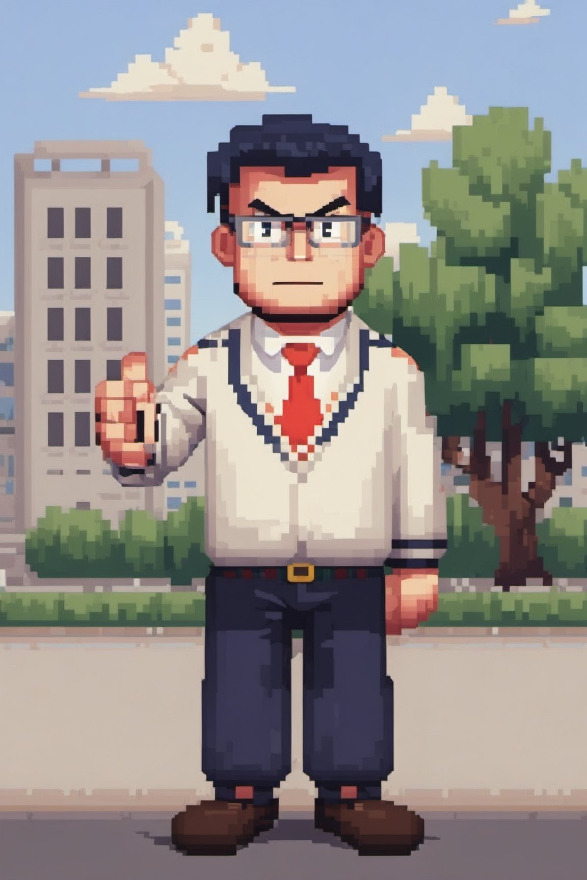 Pixel style image of full body tenxiida character, serious male, wearing glasses, in a school uniform, background of city buildings