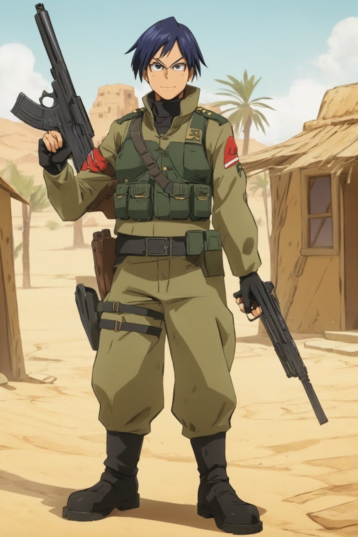 Full body view, tenxiida character, anime style image, wearing a military outfit, holding a gun, in a desert village