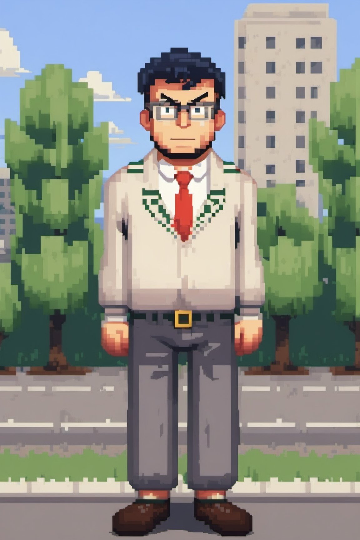 Pixel style image of full body tenxiida character, serious male, wearing glasses, in a school uniform, background of city buildings