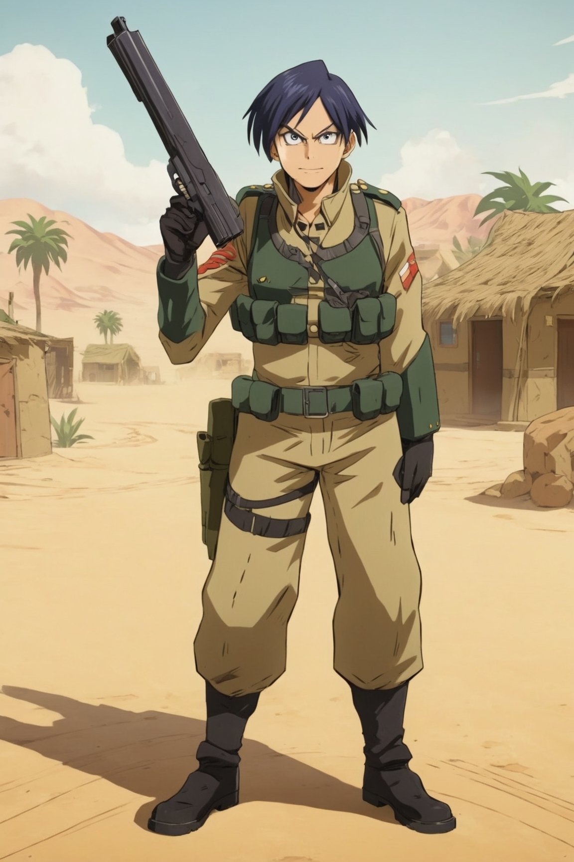 Full body view, tenxiida character, anime style image, wearing a military outfit, holding a gun, in a desert village