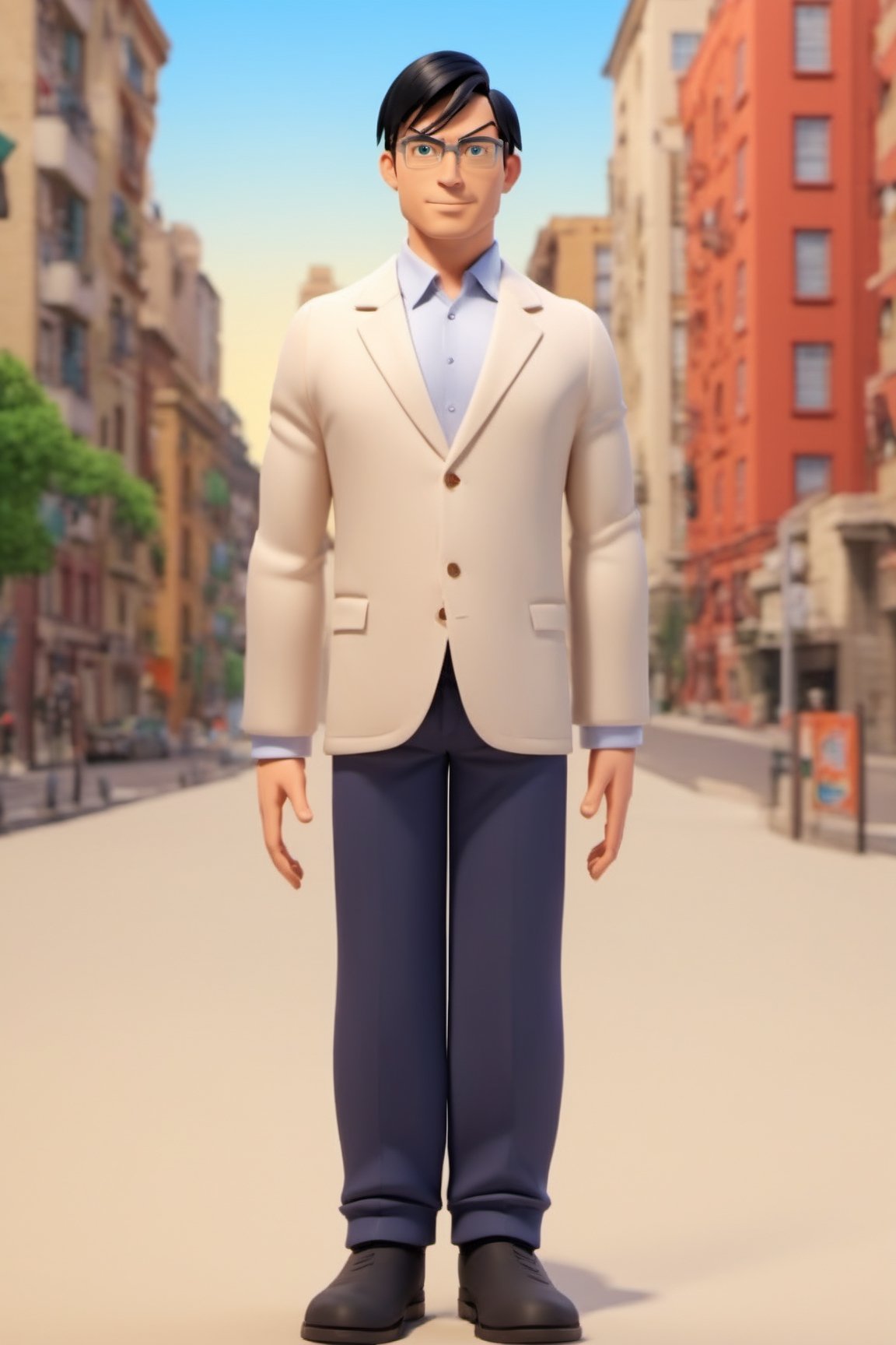 3d toon style image of full body tenxiida character, serious male, black hair, wearing glasses, in casual clothing, background of city buildings, 3d toon style