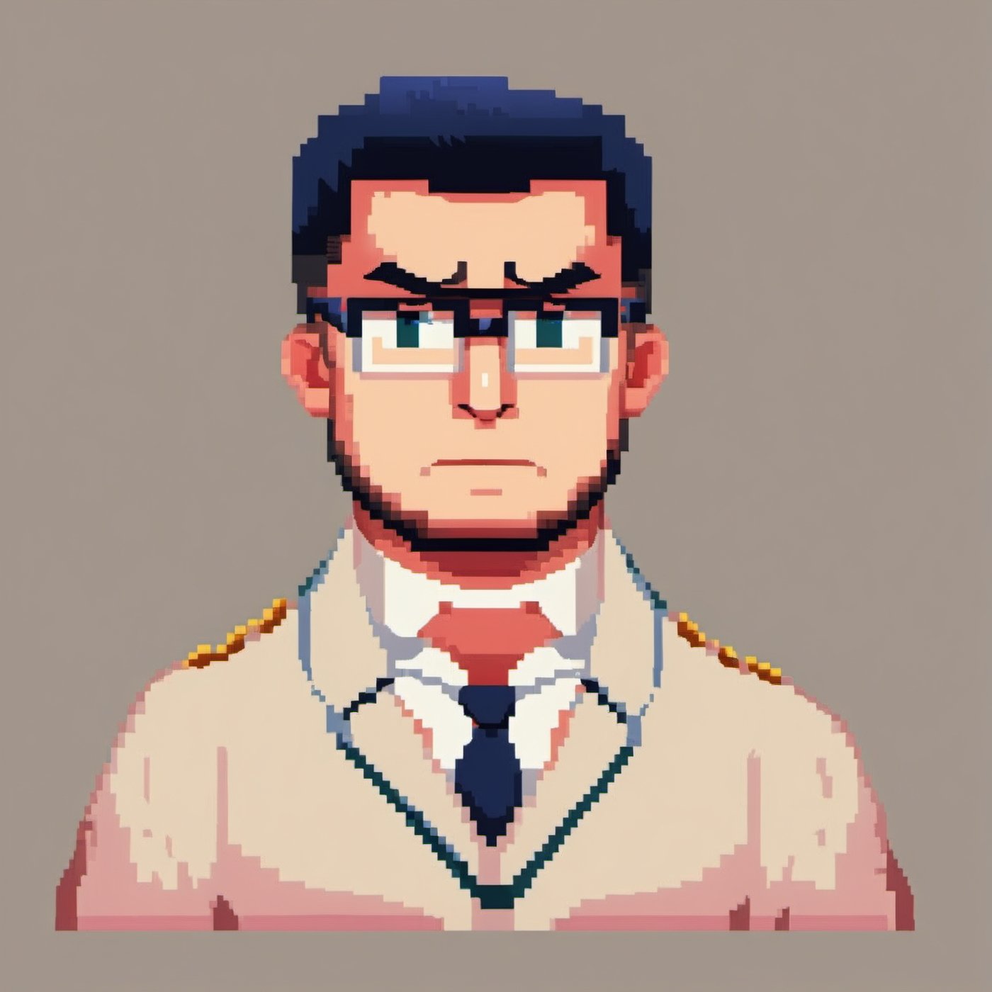 Pixel style image of full body tenxiida character, serious male, wearing glasses, in a school uniform