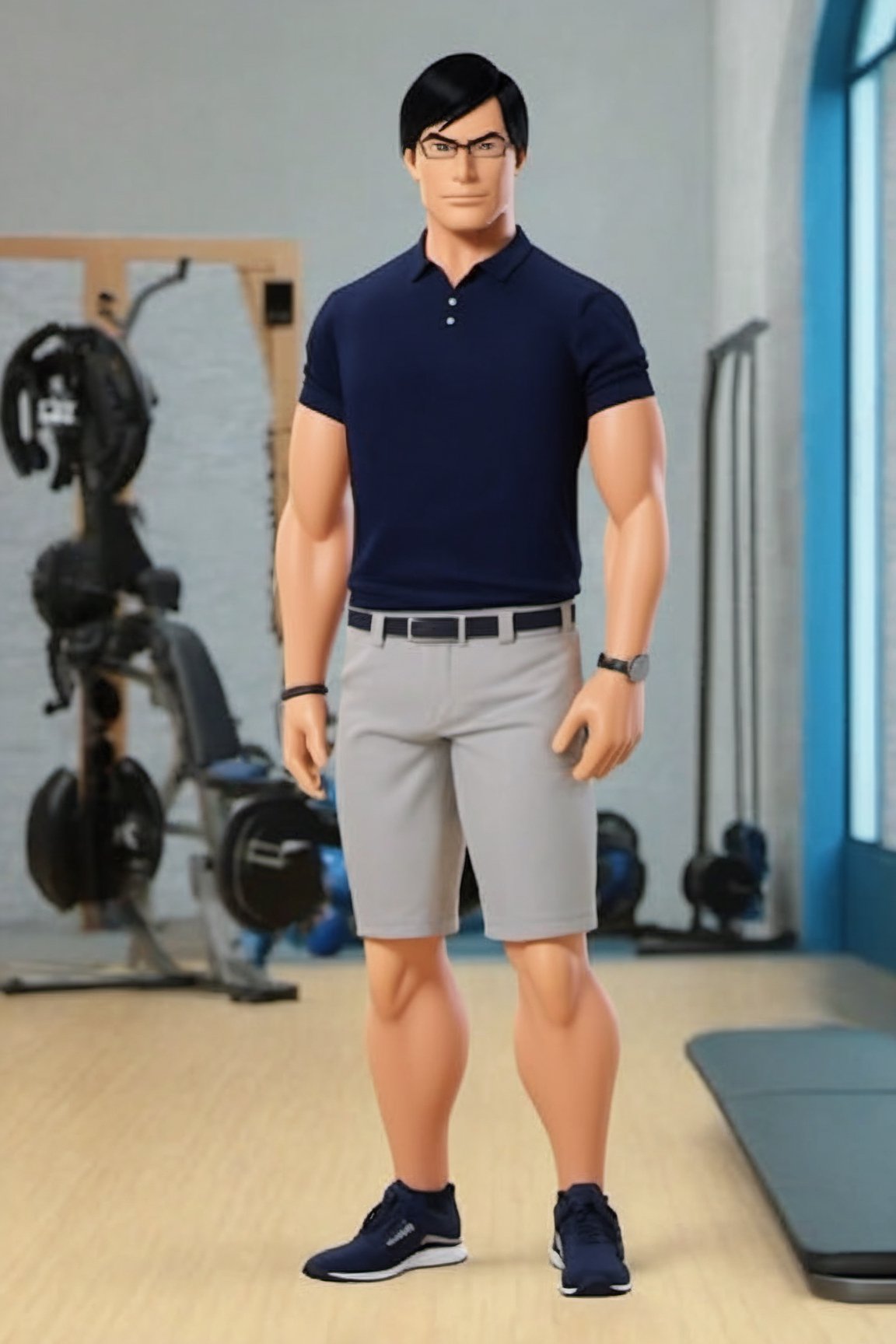 Realistic human like image of full body tenxiida character, serious male, black hair, wearing glasses, in casual clothing, background of gym